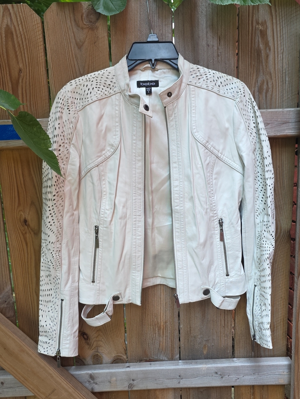 bebe Women's Cream Perforated Moto Jacket